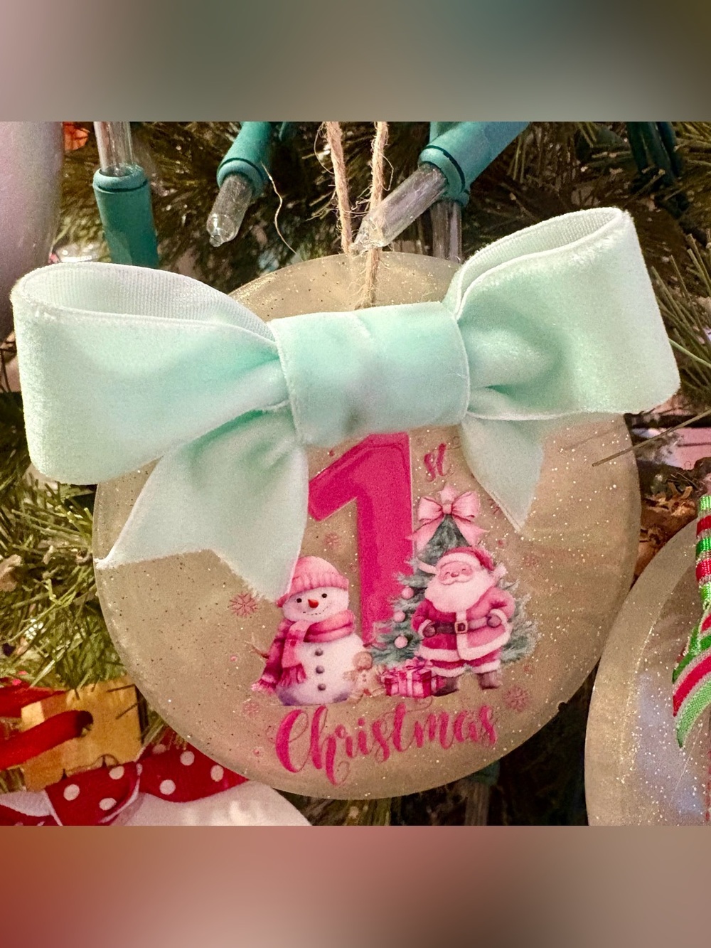 Mint Bow Christmas Ornament - '1st Christmas' Holiday Decoration